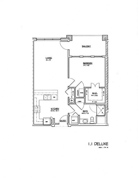 Floor plan for 1 bed, 1 bath, 774 sqft
